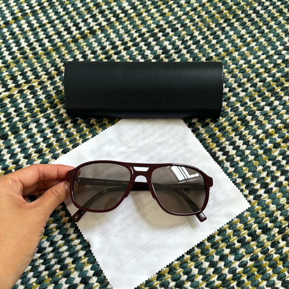 Warby Parker X Entireworld Hatcher aviator sunglasses in maroon red.